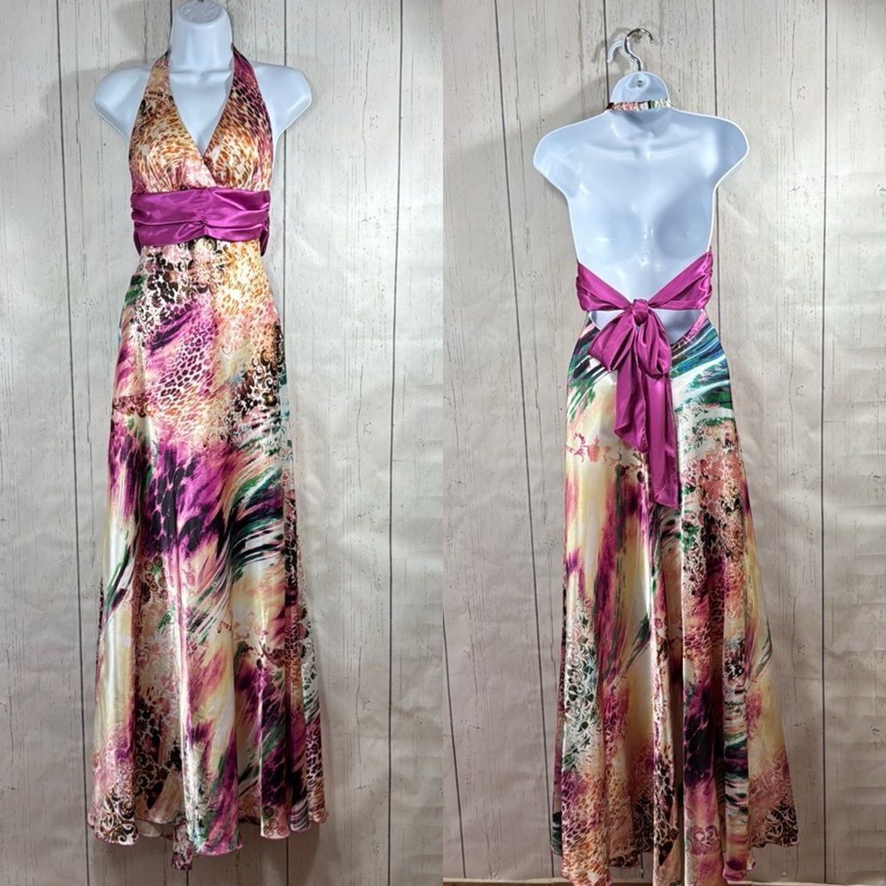 B Darlin Y2K Vintage Multicolor Halter Satin Open Back Pink Multi Maxi Dress